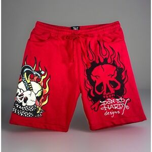 Ed‎ Hardy Shorts Mens Large Y2K 2000s Red Fleece Cut Off Dragon Skull Spell Out